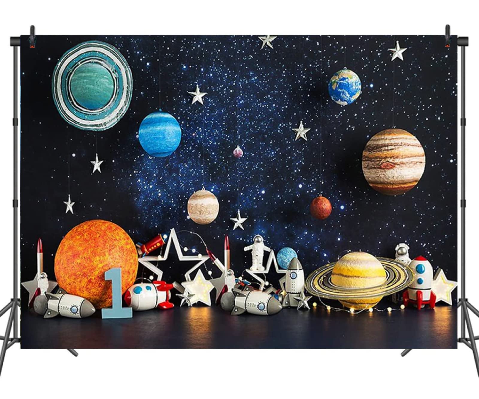 Outer Space Photography Backdrop Universe Planet Star Galaxy Astronaut Rocket Kids Birthday Party Decoration Boy Portrait Photo Background Birthday Party Cake Table Banner Vinyl,7x5ft