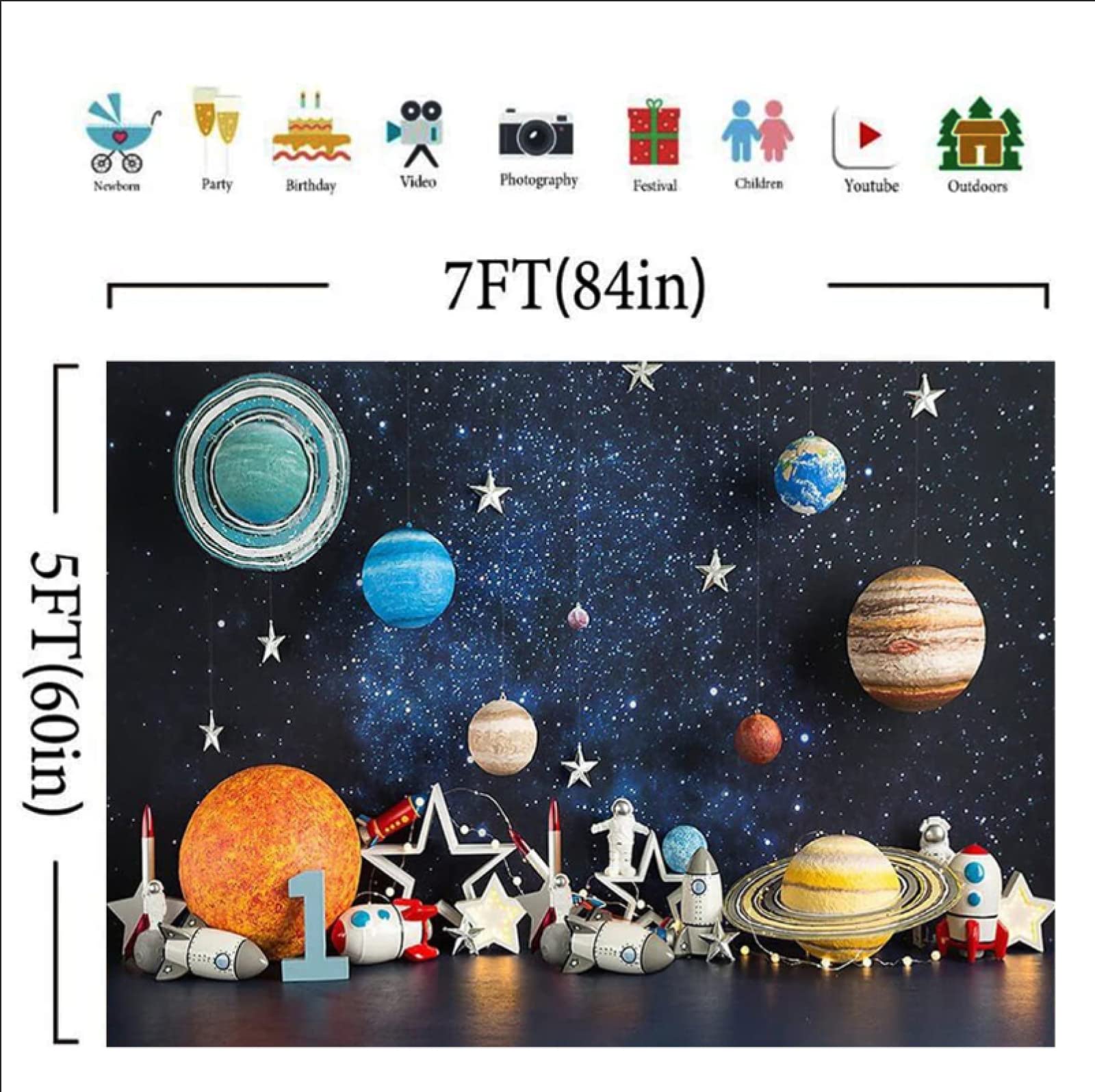 Outer Space Photography Backdrop Universe Planet Star Galaxy Astronaut Rocket Kids Birthday Party Decoration Boy Portrait Photo Background Birthday Party Cake Table Banner Vinyl,7x5ft