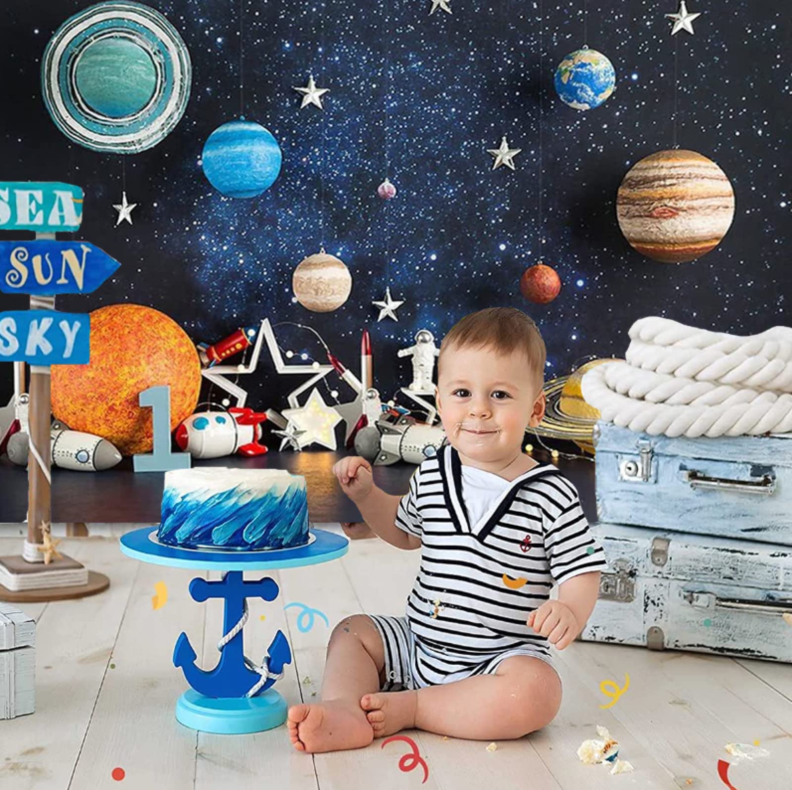 Outer Space Photography Backdrop Universe Planet Star Galaxy Astronaut Rocket Kids Birthday Party Decoration Boy Portrait Photo Background Birthday Party Cake Table Banner Vinyl,7x5ft