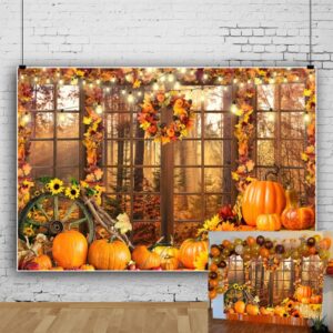 7x5ft Fall Window Photo Backdrop Autumn Forest Scenery Maple Leaves Pumpkin Harvest Photography Background Fall Theme Thanksgiving Day Party Decorations Banner Birthday Baby Shower Decor