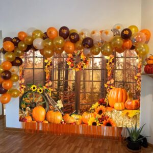 7x5ft Fall Window Photo Backdrop Autumn Forest Scenery Maple Leaves Pumpkin Harvest Photography Background Fall Theme Thanksgiving Day Party Decorations Banner Birthday Baby Shower Decor