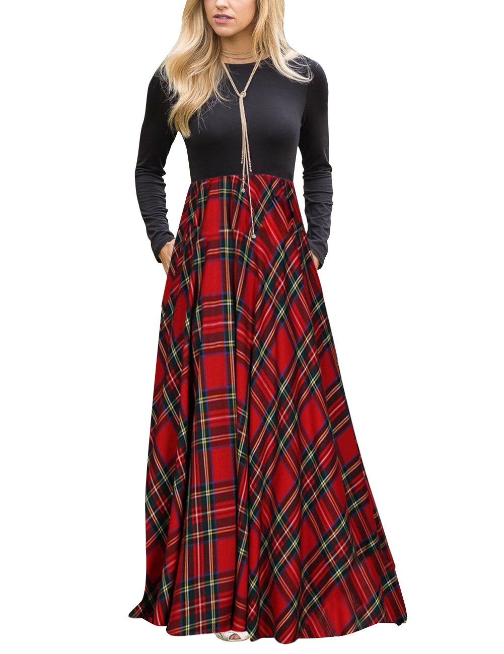 MEROKEETY Women's Plaid Long Sleeve Empire Waist Full Length Maxi Dress, Red#1, Large