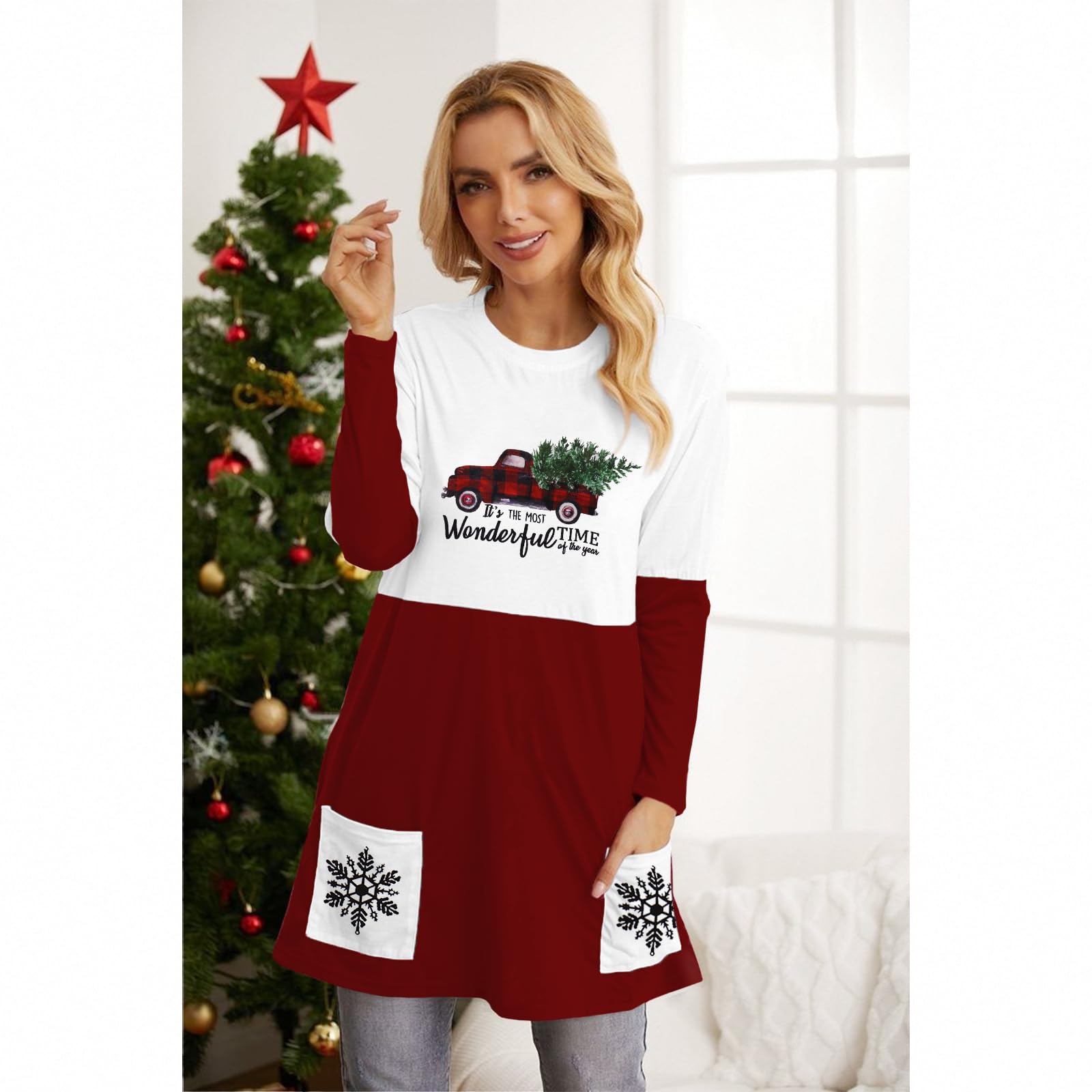 GLIGLITTR Women Christmas Shirt Xmas Tree Truck Crewneck Sweatshirt Plaid T-Shirt Dress Long Sleeve Blouse Pullover Tops(Truck,Large)