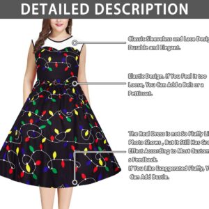 UNIFACO Women Plus Size Christmas Dress Sleeveless High Waist Lace Round Neck Funny Color Bulb Print Flared Swing Aline Black Dress