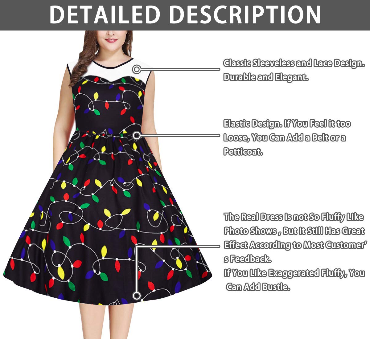 UNIFACO Women Plus Size Christmas Dress Sleeveless High Waist Lace Round Neck Funny Color Bulb Print Flared Swing Aline Black Dress