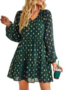kirundo women's 2024 spring summer long sleeve v neck ruffle polka dot mini dress casual loose tiered swing tunic dresses(dark green, x-large)