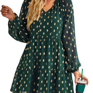 KIRUNDO Women's 2024 Spring Summer Long Sleeve V Neck Ruffle Polka Dot Mini Dress Casual Loose Tiered Swing Tunic Dresses(Dark Green, X-Large)