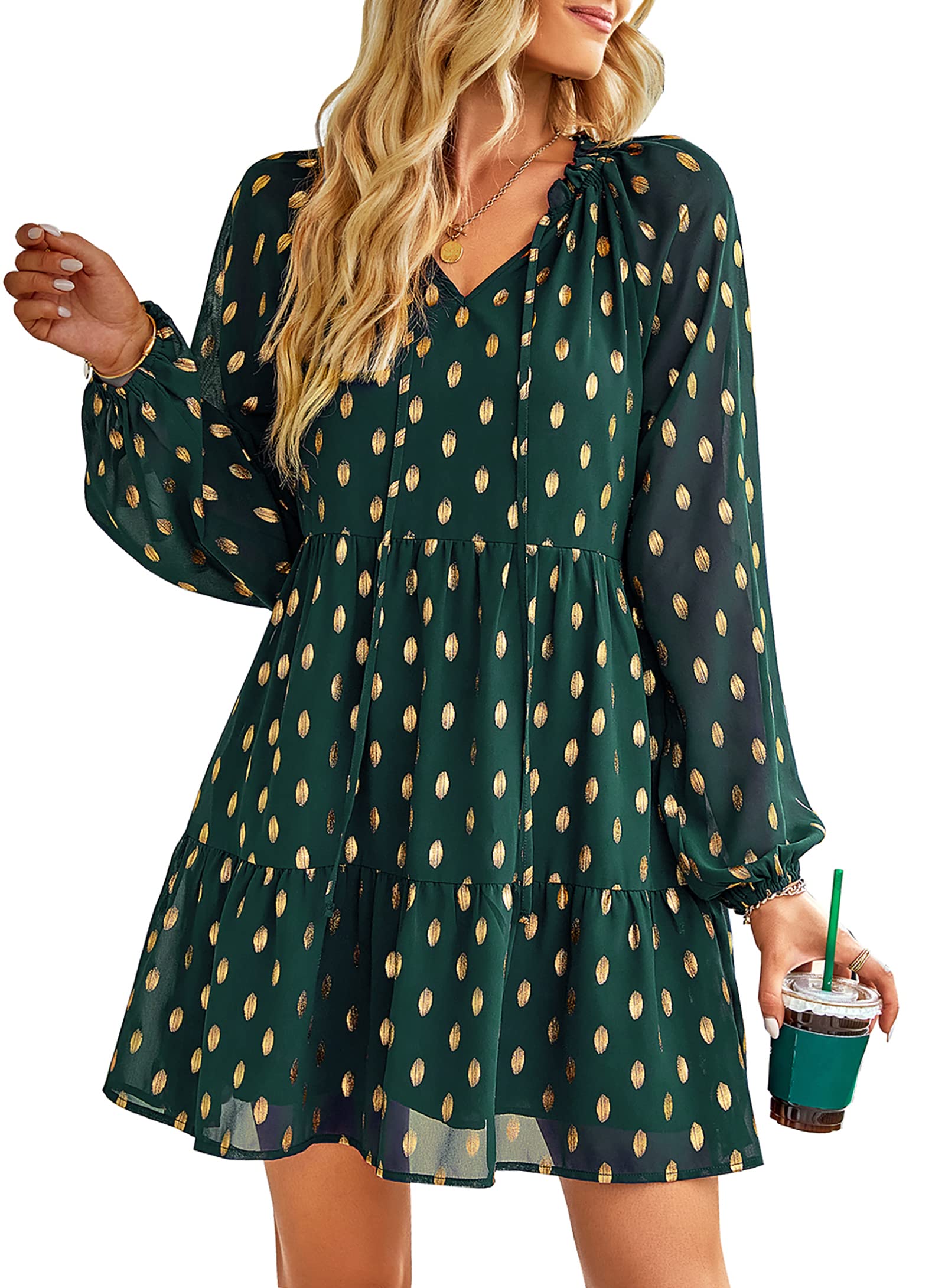 KIRUNDO Women's 2024 Spring Summer Long Sleeve V Neck Ruffle Polka Dot Mini Dress Casual Loose Tiered Swing Tunic Dresses(Dark Green, X-Large)