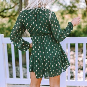 KIRUNDO Women's 2024 Spring Summer Long Sleeve V Neck Ruffle Polka Dot Mini Dress Casual Loose Tiered Swing Tunic Dresses(Dark Green, X-Large)