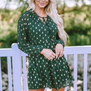 KIRUNDO Women's 2024 Spring Summer Long Sleeve V Neck Ruffle Polka Dot Mini Dress Casual Loose Tiered Swing Tunic Dresses(Dark Green, X-Large)