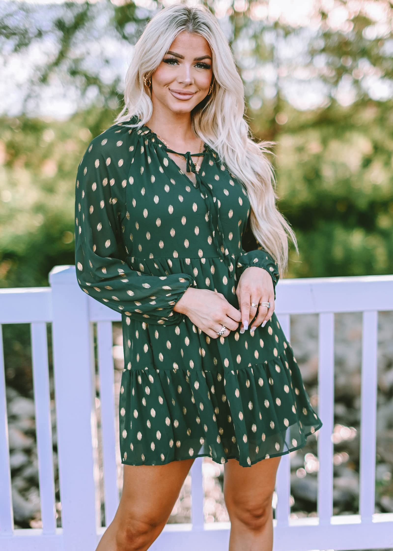 KIRUNDO Women's 2024 Spring Summer Long Sleeve V Neck Ruffle Polka Dot Mini Dress Casual Loose Tiered Swing Tunic Dresses(Dark Green, X-Large)