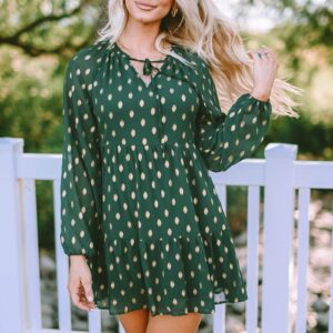 KIRUNDO Women's 2024 Spring Summer Long Sleeve V Neck Ruffle Polka Dot Mini Dress Casual Loose Tiered Swing Tunic Dresses(Dark Green, X-Large)