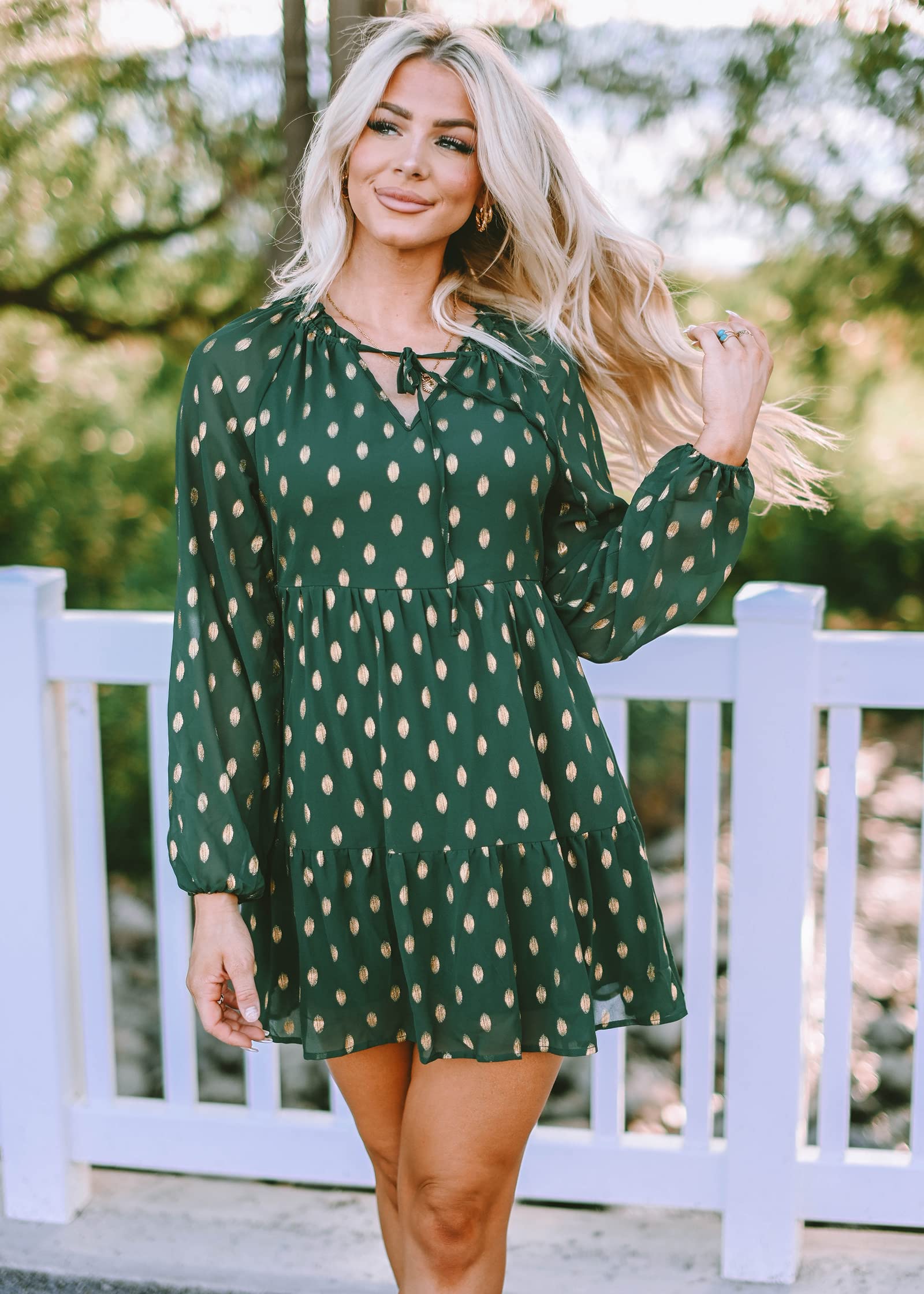 KIRUNDO Women's 2024 Spring Summer Long Sleeve V Neck Ruffle Polka Dot Mini Dress Casual Loose Tiered Swing Tunic Dresses(Dark Green, X-Large)