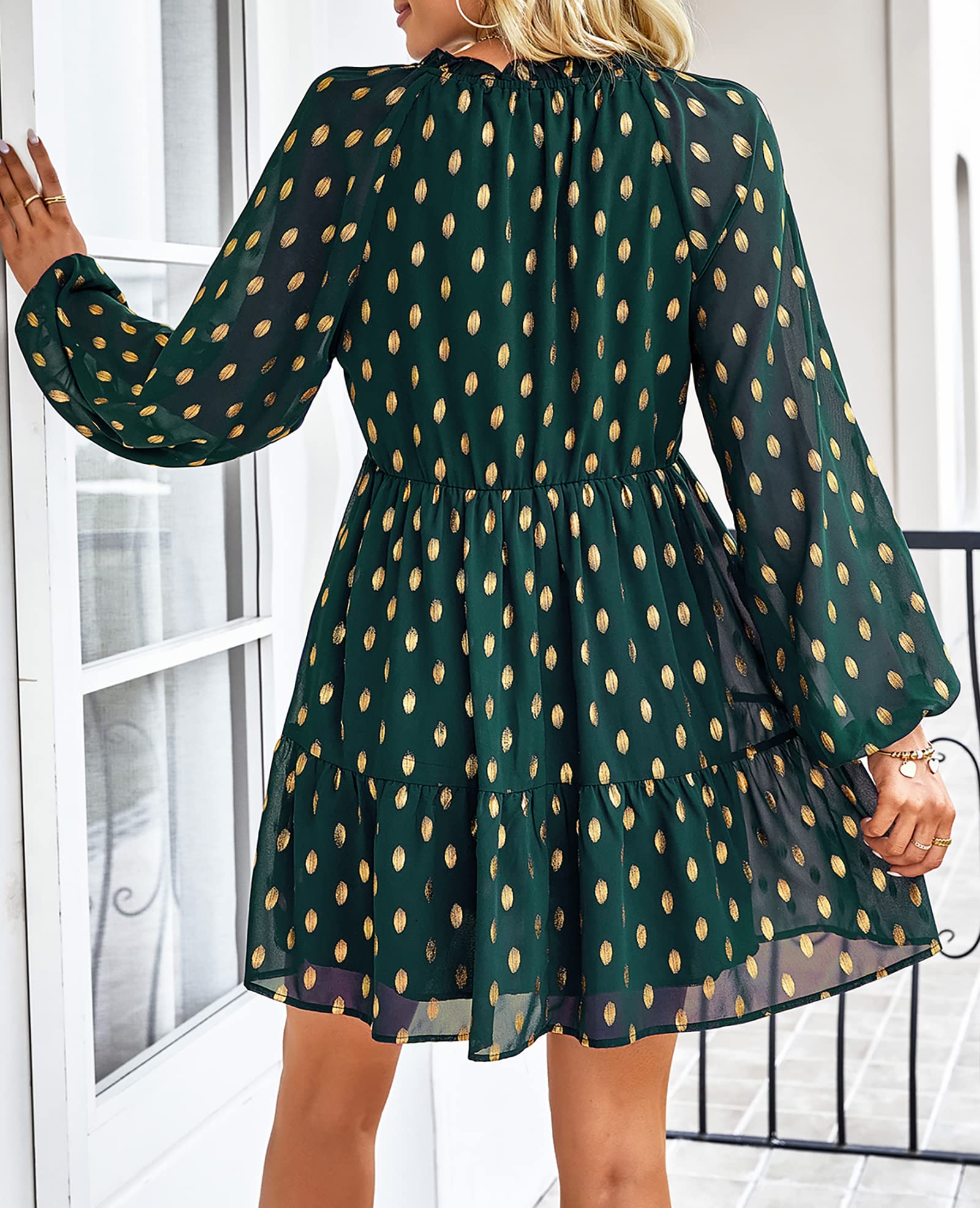 KIRUNDO Women's 2024 Spring Summer Long Sleeve V Neck Ruffle Polka Dot Mini Dress Casual Loose Tiered Swing Tunic Dresses(Dark Green, X-Large)