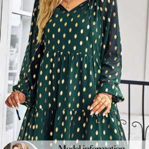 KIRUNDO Women's 2024 Spring Summer Long Sleeve V Neck Ruffle Polka Dot Mini Dress Casual Loose Tiered Swing Tunic Dresses(Dark Green, X-Large)