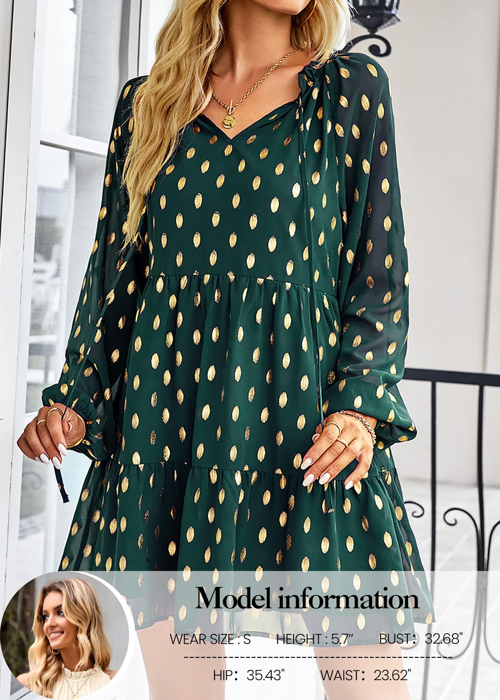 KIRUNDO Women's 2024 Spring Summer Long Sleeve V Neck Ruffle Polka Dot Mini Dress Casual Loose Tiered Swing Tunic Dresses(Dark Green, X-Large)