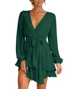 cosonsen womens swing dress deep v-neck bishop sleeve tie waist ruffle dresses green m