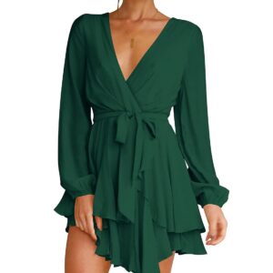 Cosonsen Womens Swing Dress Deep V-Neck Bishop Sleeve Tie Waist Ruffle Dresses Green M