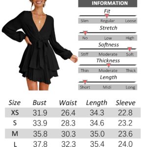 Cosonsen Womens Swing Dress Deep V-Neck Bishop Sleeve Tie Waist Ruffle Dresses Green M