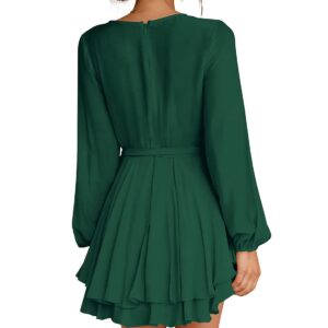 Cosonsen Womens Swing Dress Deep V-Neck Bishop Sleeve Tie Waist Ruffle Dresses Green M