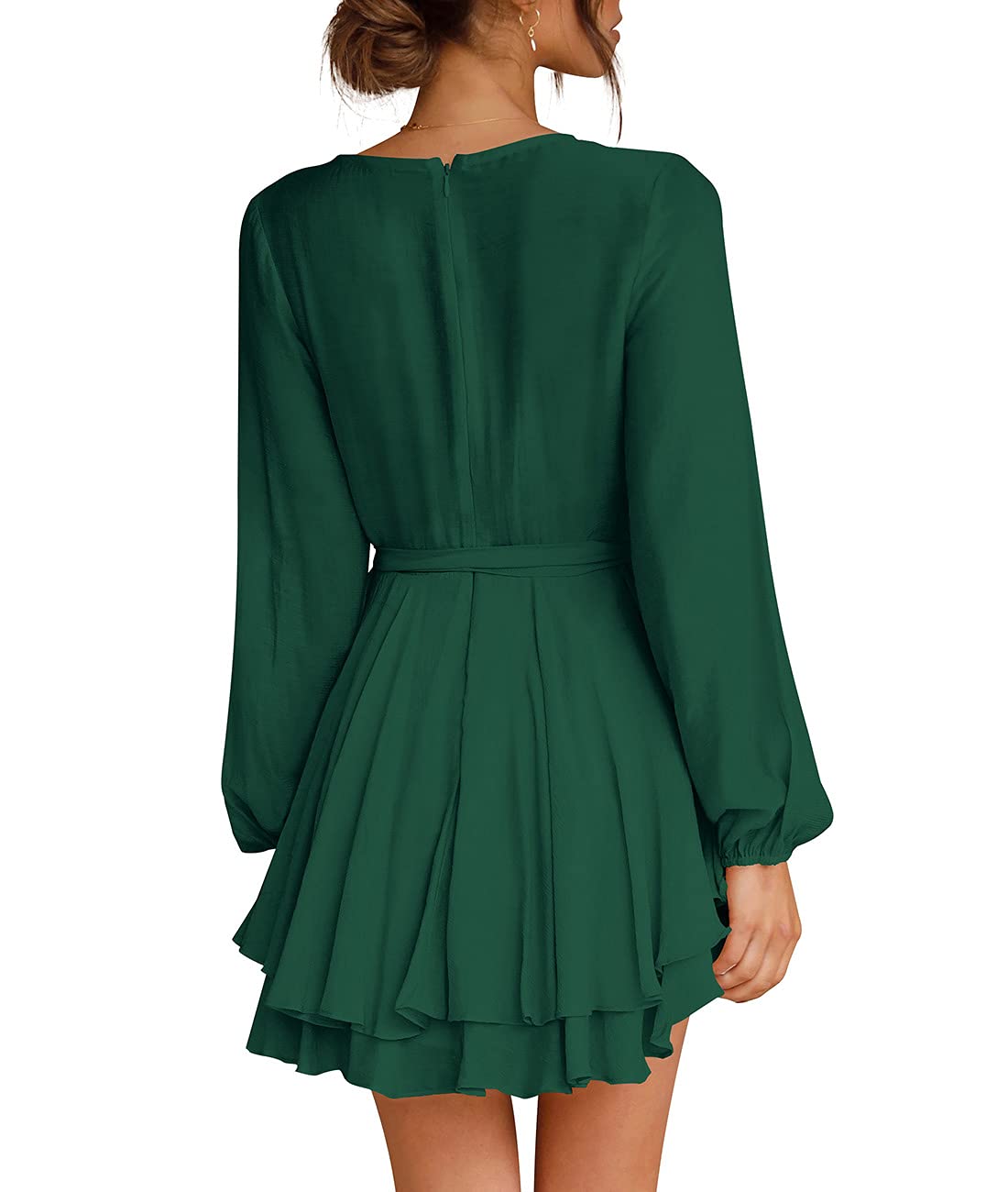 Cosonsen Womens Swing Dress Deep V-Neck Bishop Sleeve Tie Waist Ruffle Dresses Green M