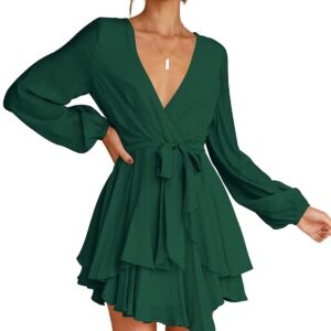 Cosonsen Womens Swing Dress Deep V-Neck Bishop Sleeve Tie Waist Ruffle Dresses Green M