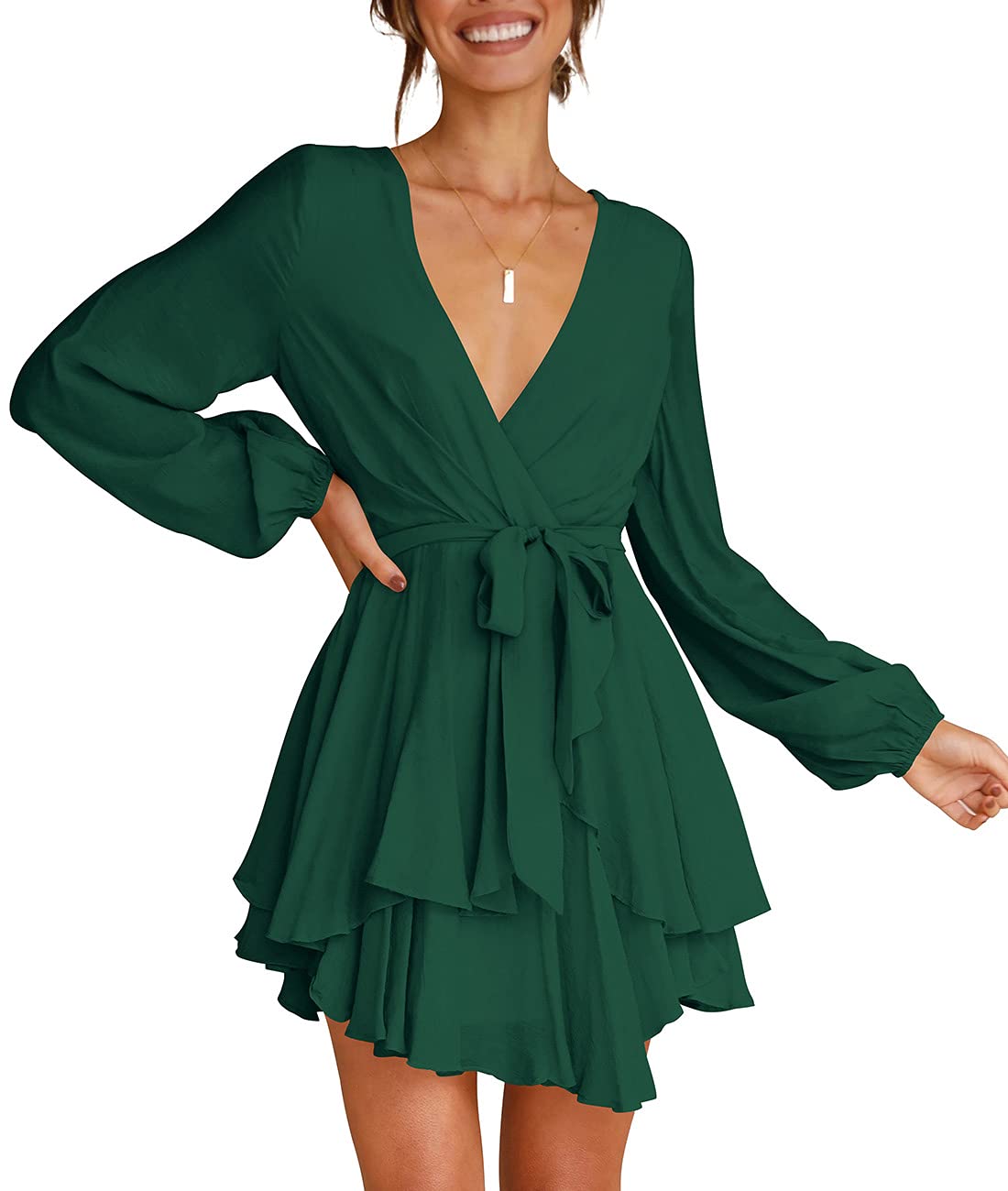 Cosonsen Womens Swing Dress Deep V-Neck Bishop Sleeve Tie Waist Ruffle Dresses Green M