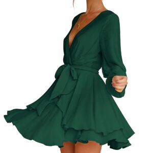 Cosonsen Womens Swing Dress Deep V-Neck Bishop Sleeve Tie Waist Ruffle Dresses Green M