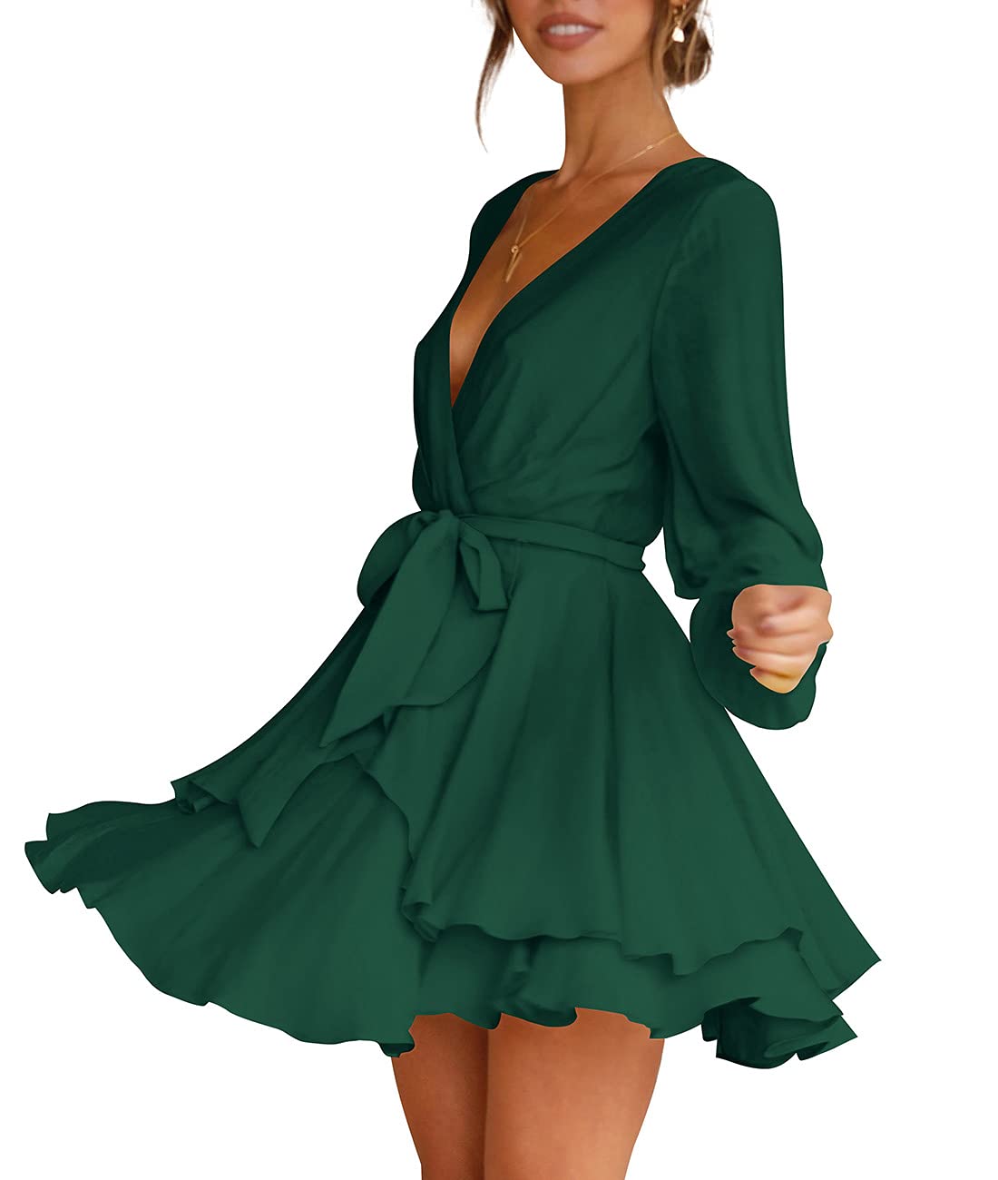 Cosonsen Womens Swing Dress Deep V-Neck Bishop Sleeve Tie Waist Ruffle Dresses Green M