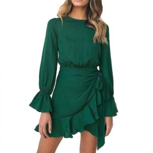 weepinlee womens long sleeve round neck ruffles wrap dresses party dress (dark green,m)