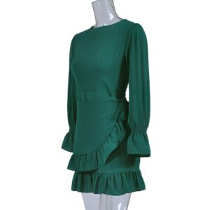 WEEPINLEE Womens Long Sleeve Round Neck Ruffles Wrap Dresses Party Dress (Dark Green,M)