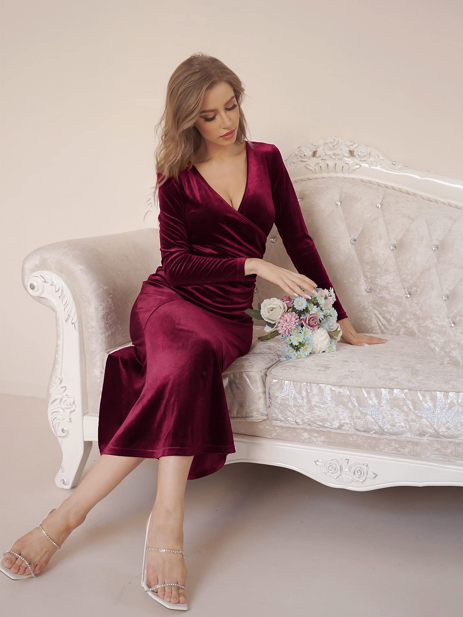 ZABERRY Burgundy Velvet Dress for Women Wedding Guest Ruched Winter New Years Eve Christmas Evening Party Dresses