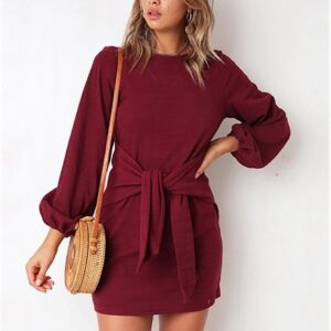 PRETTYGARDEN Women's Elegant Long Lantern Sleeve Short Dress Crewneck Tie Waist Knit Cocktail Dress (Wine Red,Large)