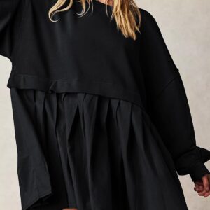 Dokuritu Sweatshirt Dress Women Crew Neck Long Sleeve Patchwork Pullover Tops Flowy Oversized Sweatshirt Mini Dress Black