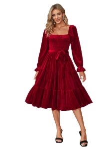 amegoya women's fall wedding guest long sleeve velvet dress elegant square neck semi formal party midi bridesmaid dresses (m red)