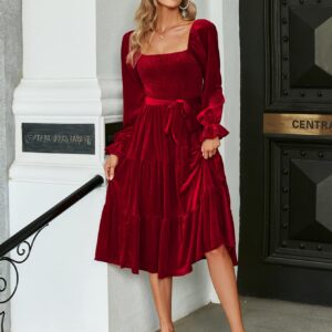 Amegoya Women's Fall Wedding Guest Long Sleeve Velvet Dress Elegant Square Neck Semi Formal Party Midi Bridesmaid Dresses (M Red)