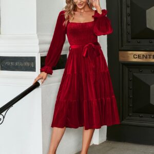 Amegoya Women's Fall Wedding Guest Long Sleeve Velvet Dress Elegant Square Neck Semi Formal Party Midi Bridesmaid Dresses (M Red)