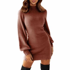 EXLURA Womens Mock Neck Puff Long Sleeve Bodycon Pullover Cute Mini Sweater Dress Caramel