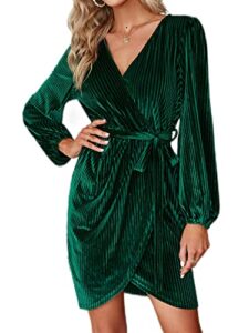 berrygo women's long sleeve wrap semi formal velvet mini dress sexy cocktail party winter club dress emerald green m