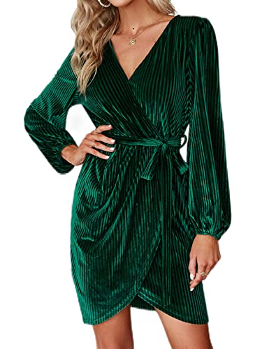 BerryGo Women's Long Sleeve Wrap Semi Formal Velvet Mini Dress Sexy Cocktail Party Winter Club Dress Emerald Green M