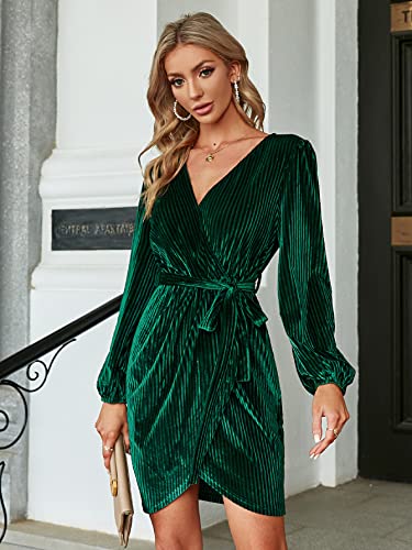 BerryGo Women's Long Sleeve Wrap Semi Formal Velvet Mini Dress Sexy Cocktail Party Winter Club Dress Emerald Green M