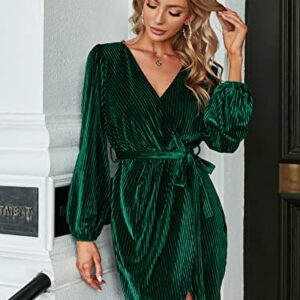 BerryGo Women's Long Sleeve Wrap Semi Formal Velvet Mini Dress Sexy Cocktail Party Winter Club Dress Emerald Green M