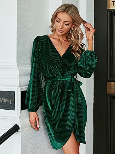 BerryGo Women's Long Sleeve Wrap Semi Formal Velvet Mini Dress Sexy Cocktail Party Winter Club Dress Emerald Green M