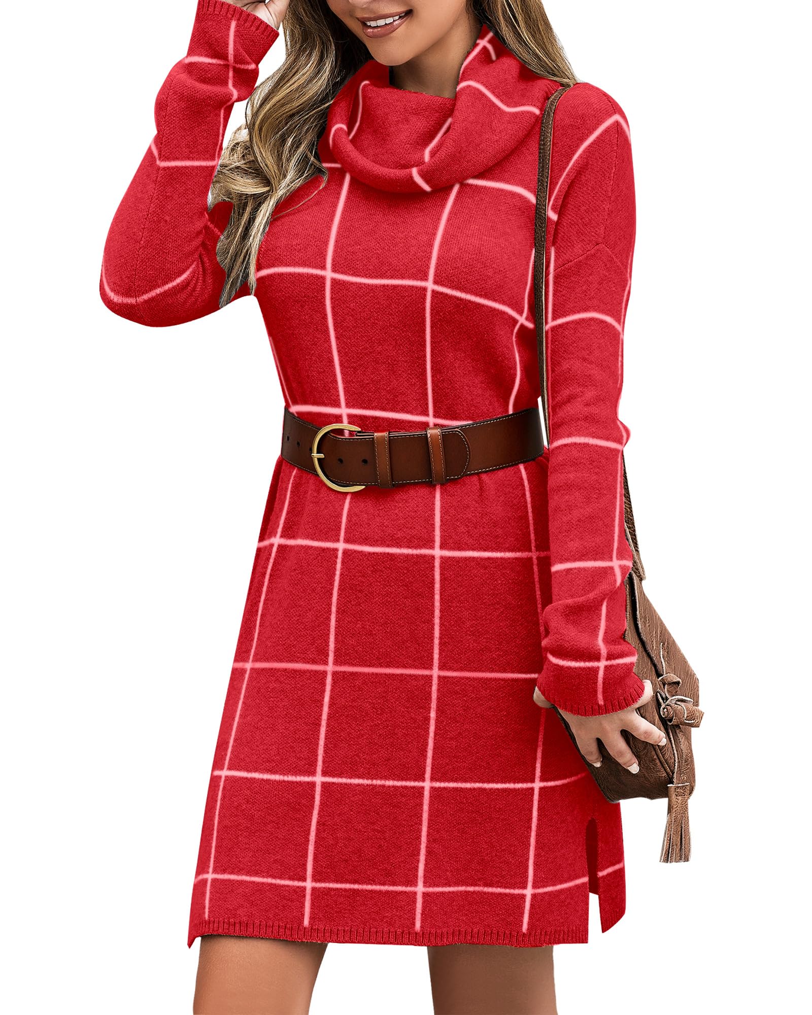 luvamia Women's Casual Turtleneck Knitted Sweater Long Sleeves Grid Warm Comfy Pullover Sweater Dress Womens Long Sleeve Dresses Christmas Dresses for Women Luscious Red Size Medium Size 8 Size 10