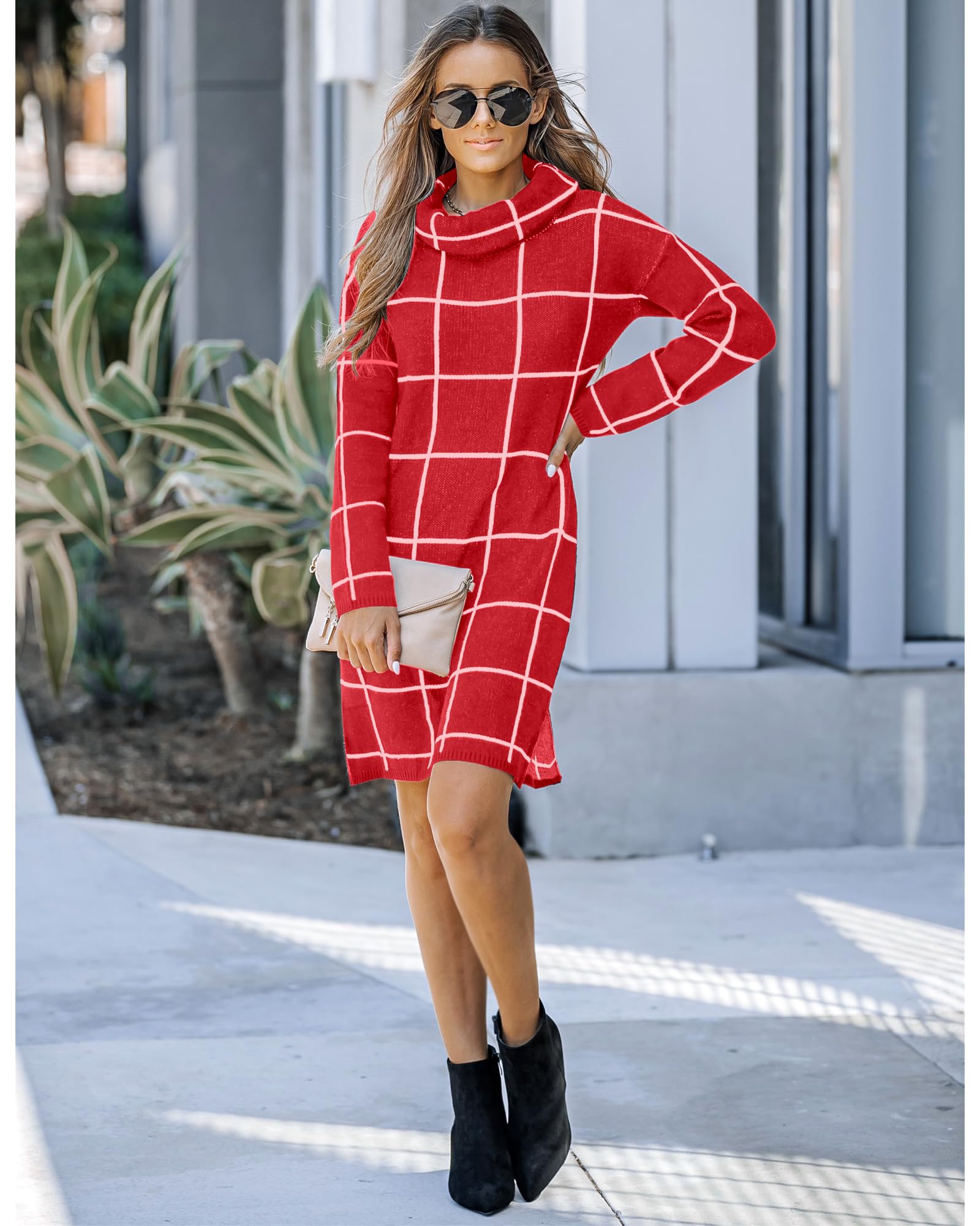 luvamia Women's Casual Turtleneck Knitted Sweater Long Sleeves Grid Warm Comfy Pullover Sweater Dress Womens Long Sleeve Dresses Christmas Dresses for Women Luscious Red Size Medium Size 8 Size 10