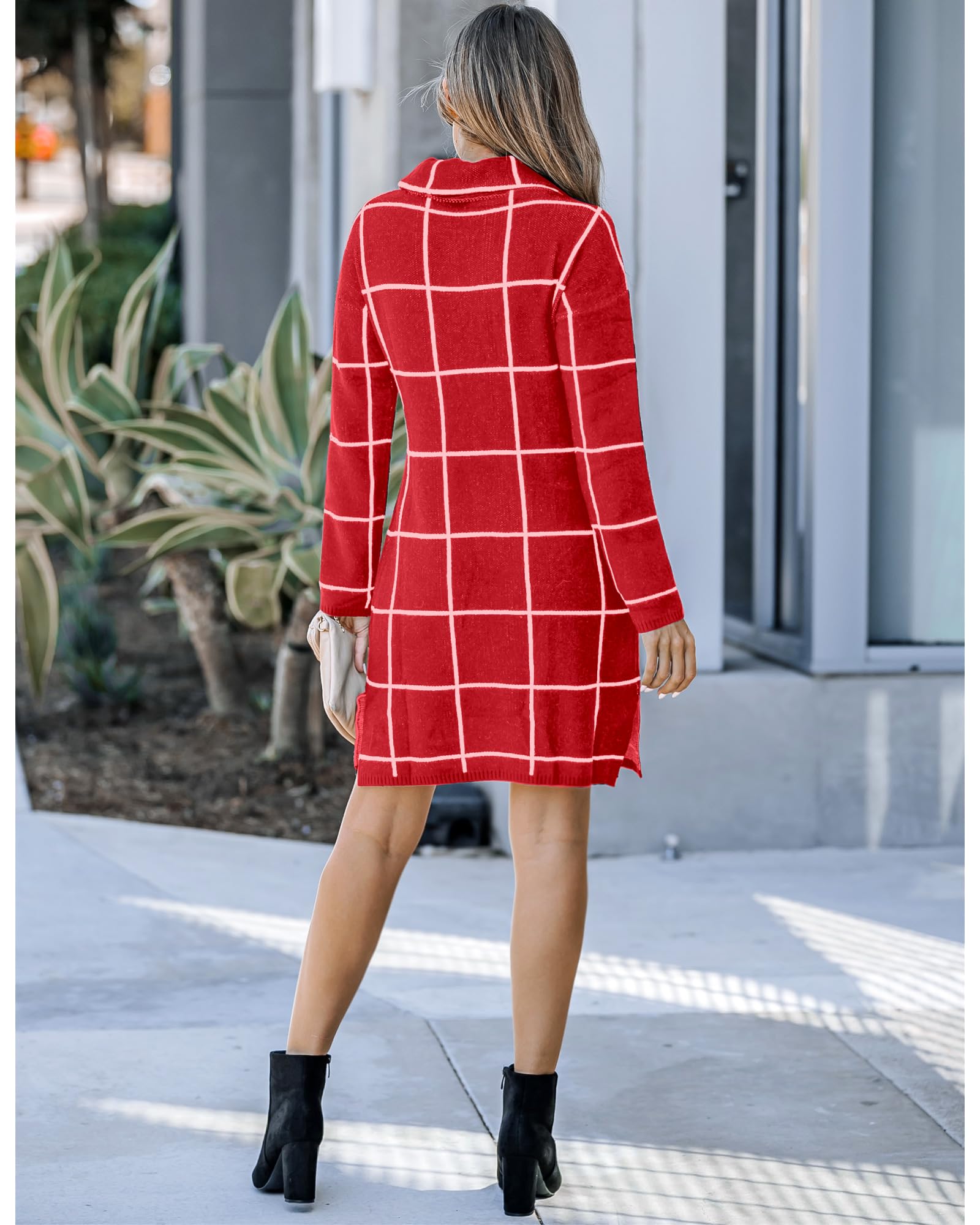 luvamia Women's Casual Turtleneck Knitted Sweater Long Sleeves Grid Warm Comfy Pullover Sweater Dress Womens Long Sleeve Dresses Christmas Dresses for Women Luscious Red Size Medium Size 8 Size 10