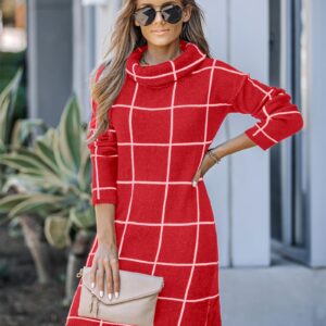 luvamia Women's Casual Turtleneck Knitted Sweater Long Sleeves Grid Warm Comfy Pullover Sweater Dress Womens Long Sleeve Dresses Christmas Dresses for Women Luscious Red Size Medium Size 8 Size 10