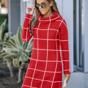 luvamia Women's Casual Turtleneck Knitted Sweater Long Sleeves Grid Warm Comfy Pullover Sweater Dress Womens Long Sleeve Dresses Christmas Dresses for Women Luscious Red Size Medium Size 8 Size 10