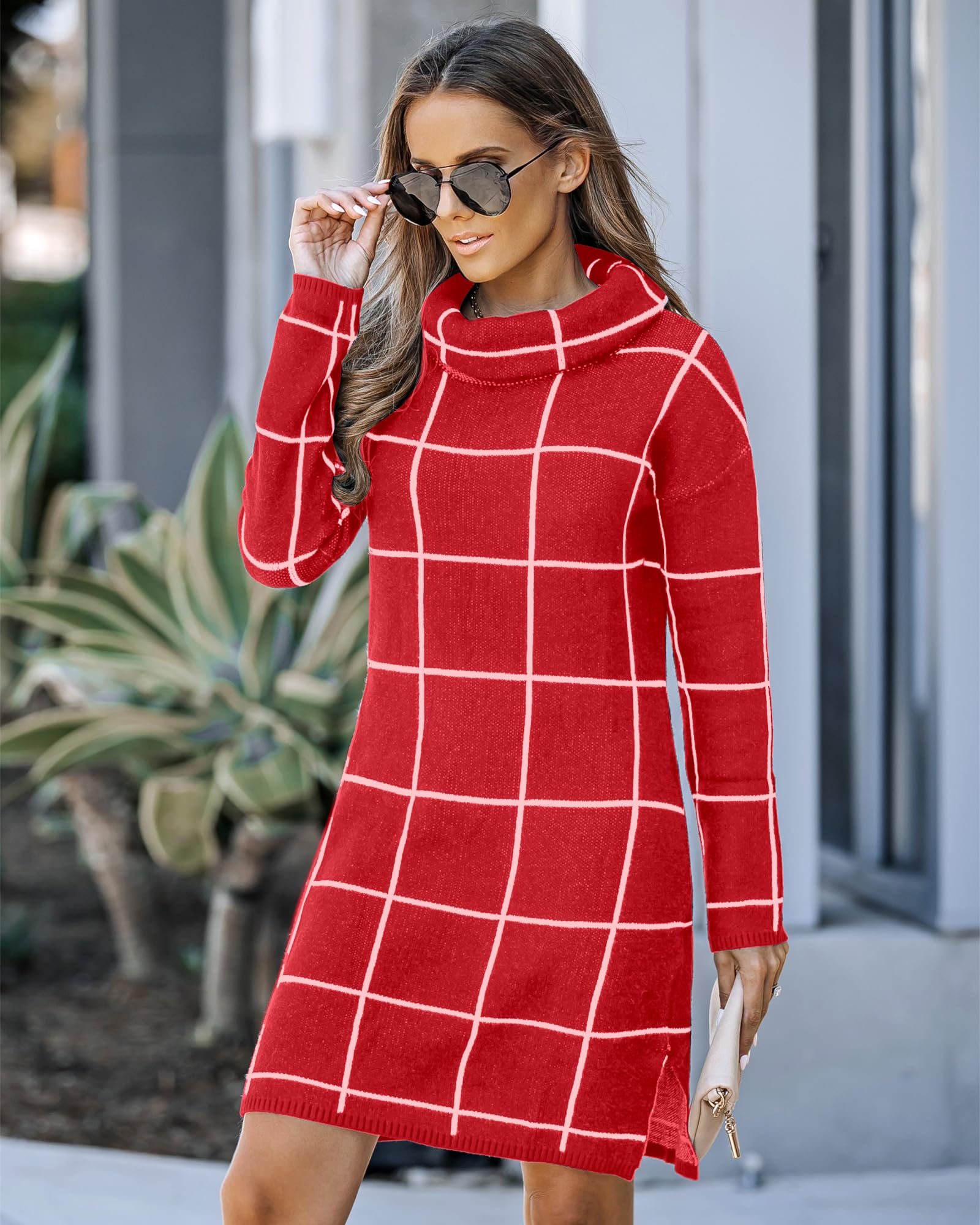 luvamia Women's Casual Turtleneck Knitted Sweater Long Sleeves Grid Warm Comfy Pullover Sweater Dress Womens Long Sleeve Dresses Christmas Dresses for Women Luscious Red Size Medium Size 8 Size 10