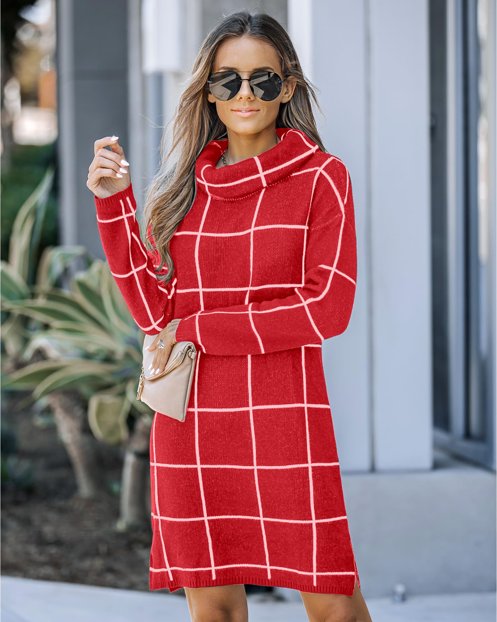 luvamia Women's Casual Turtleneck Knitted Sweater Long Sleeves Grid Warm Comfy Pullover Sweater Dress Womens Long Sleeve Dresses Christmas Dresses for Women Luscious Red Size Medium Size 8 Size 10